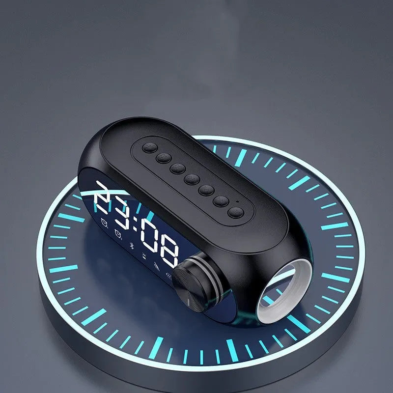 S8 Black portable Bluetooth speaker with extra bass and a digital clock display on its front.