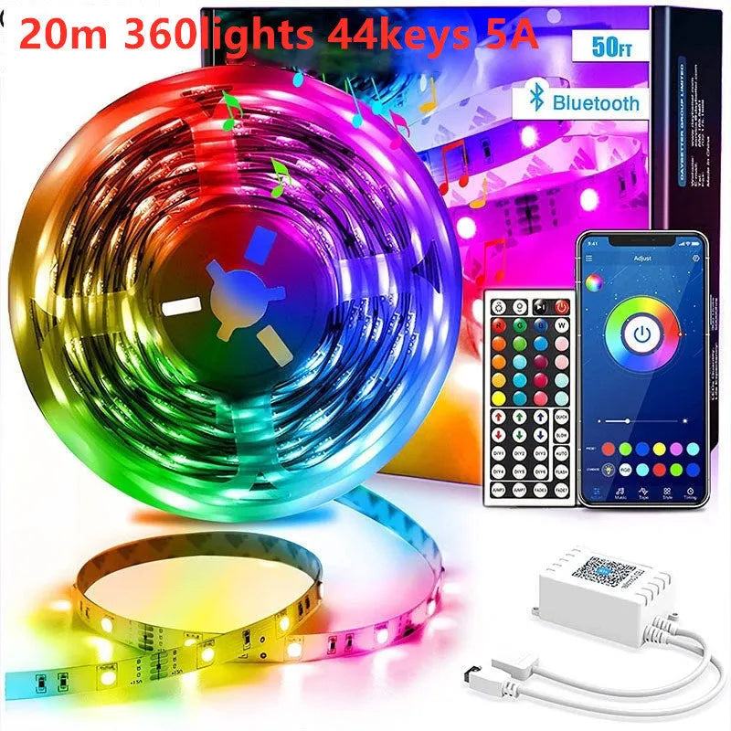 Bluetooth controlled RGB LED light strip with remote, showing colour change options.