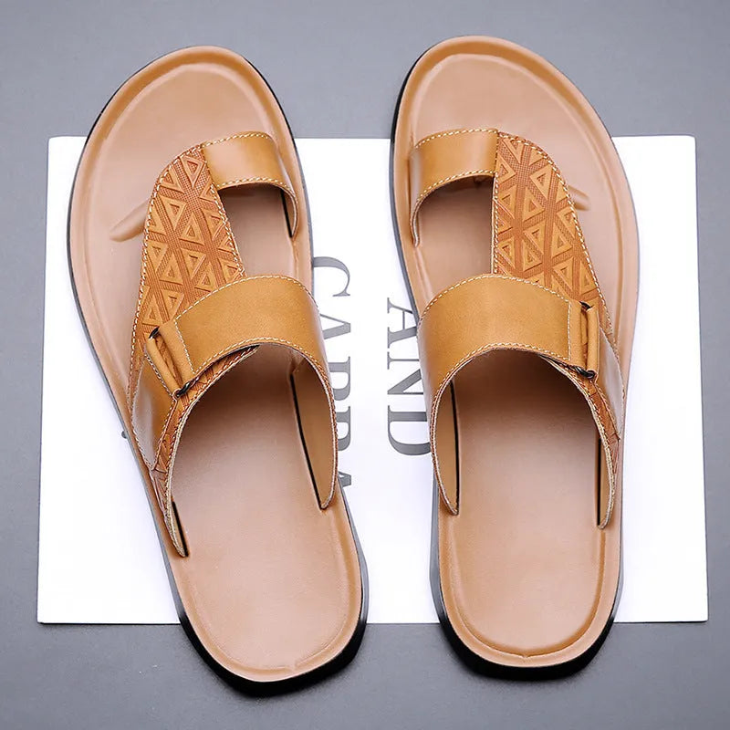 Men's casual open-toe beach slippers in light brown with a two-layer cowhide upper and rubber sole.