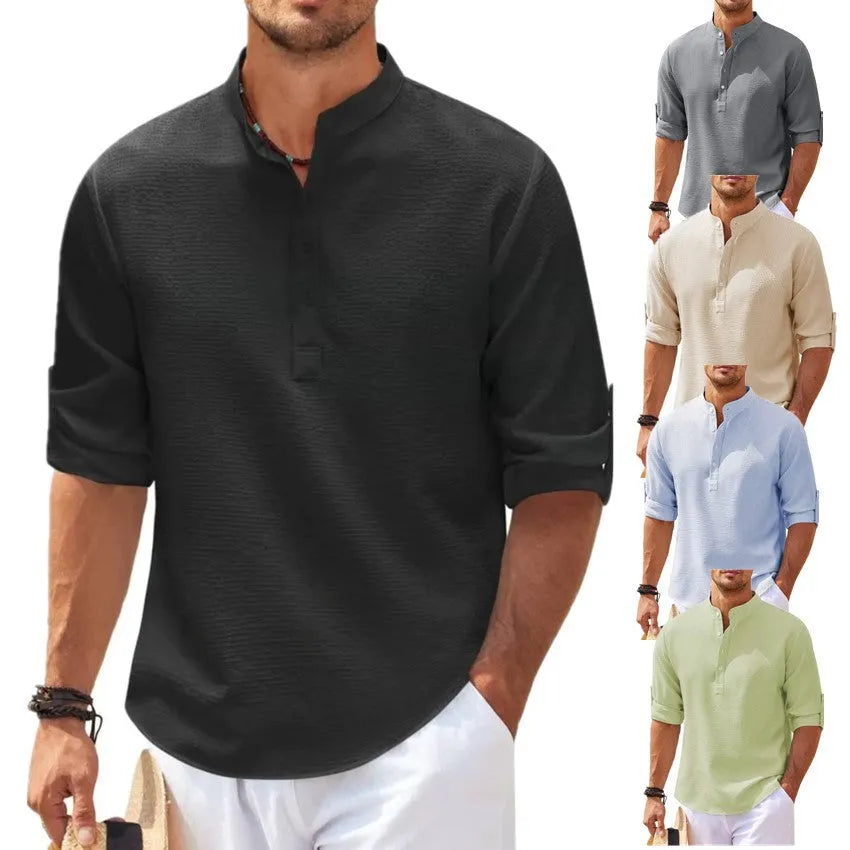 Men's stand collar button shirt with pineapple texture, long sleeve loose fit top in white
