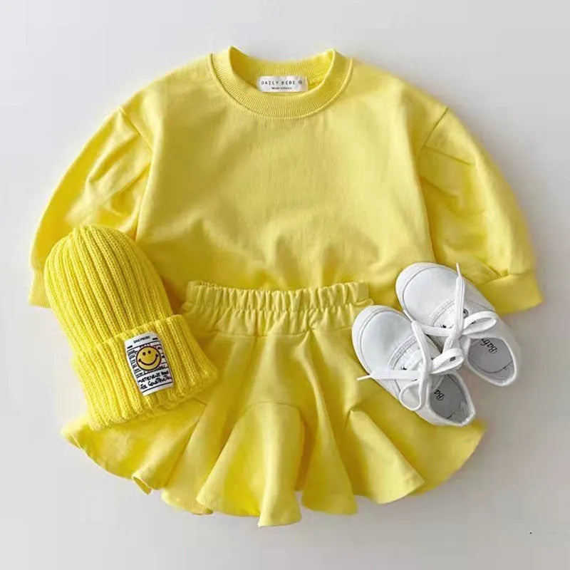 Baby girls' cotton skirt suit two-piece set in orange, long sleeve pullover, Korean style