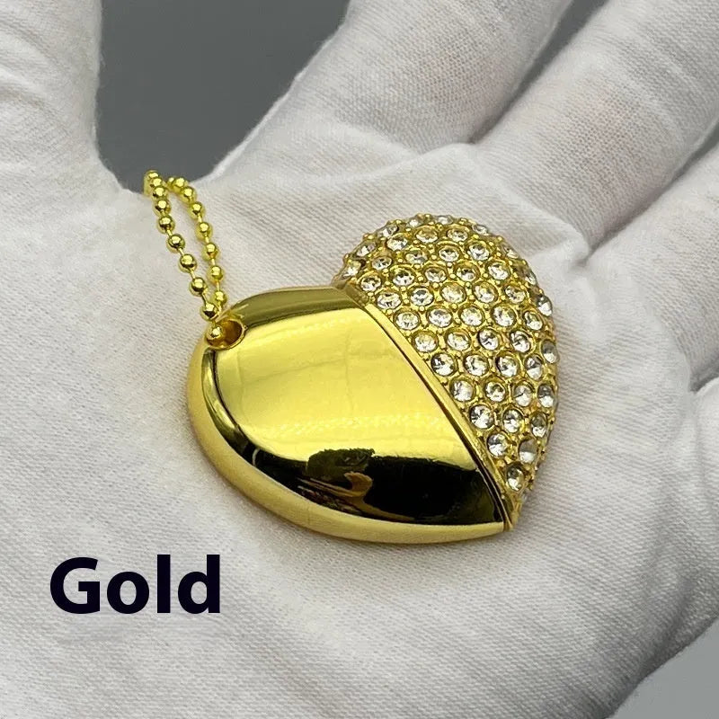Creative heart-shaped USB flash drive with brick-inlaid pattern and metal shell in various colours.