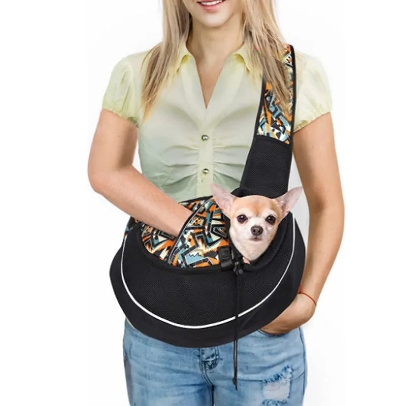 Portable crossbody pet carrier bag for dogs and cats, black, S size, Oxford material, with drawstring closure and zippered bottom