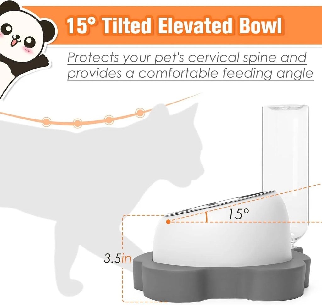 Grey elevated pet bowl set with automatic water bottle and panda design for cats and small dogs