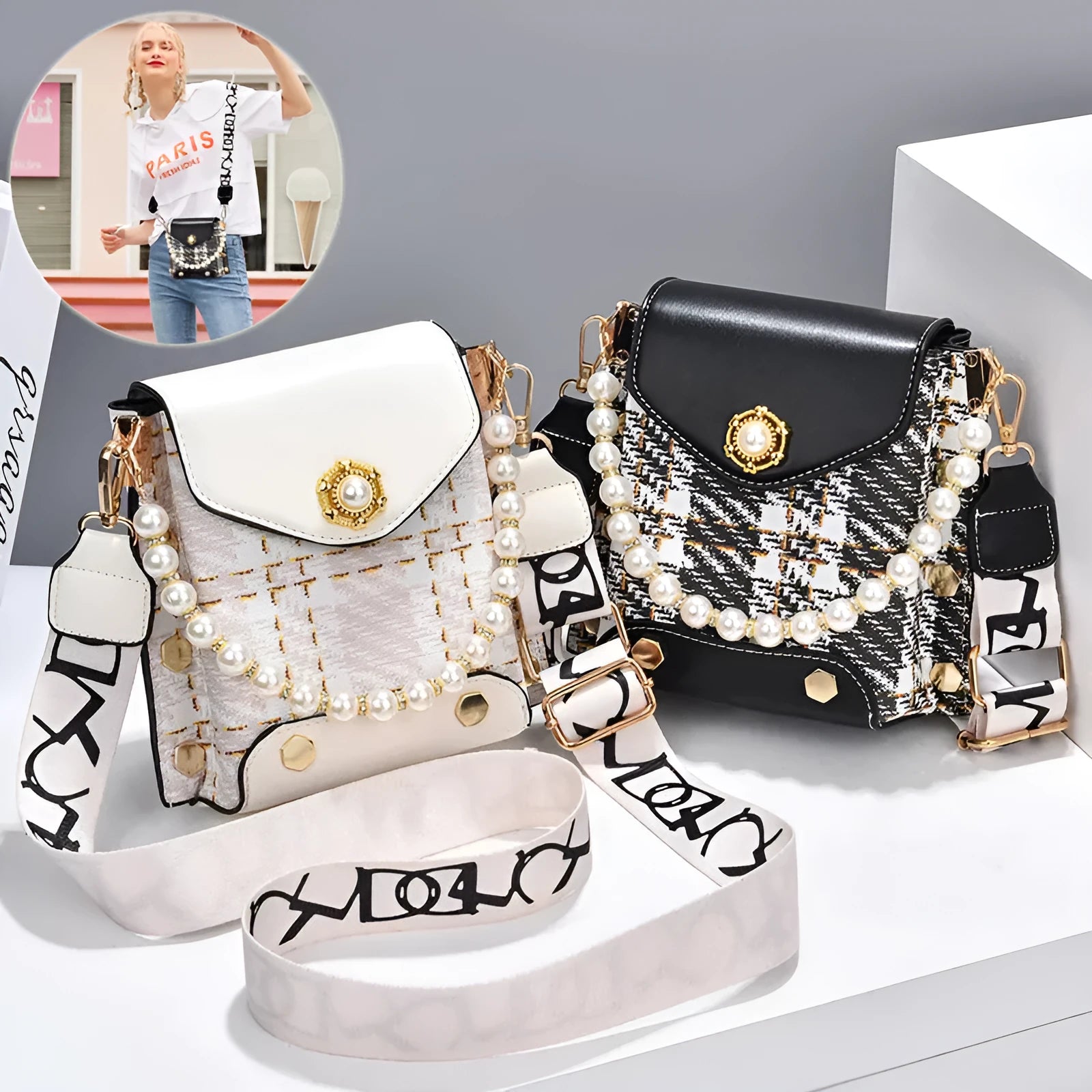 Women's crossbody phone bag in PU leather with pearl pendant and gold metal studs, magnetic flap closure