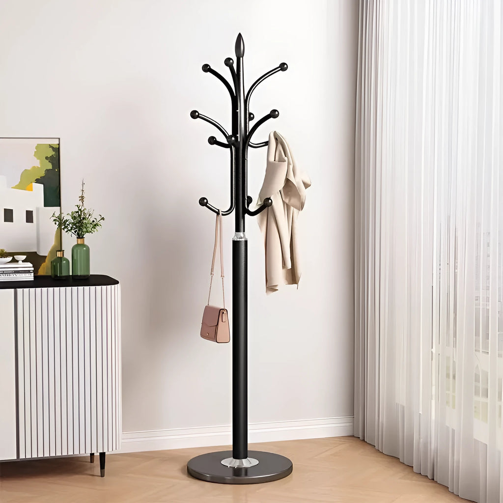 Floor-standing metal coat rack with vertical hanging points, shown in one of six colours