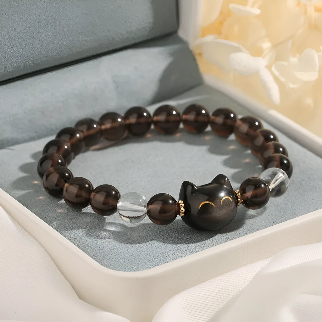 Women's natural silver stone cat head bracelet with 8mm ice stone opal centrepiece