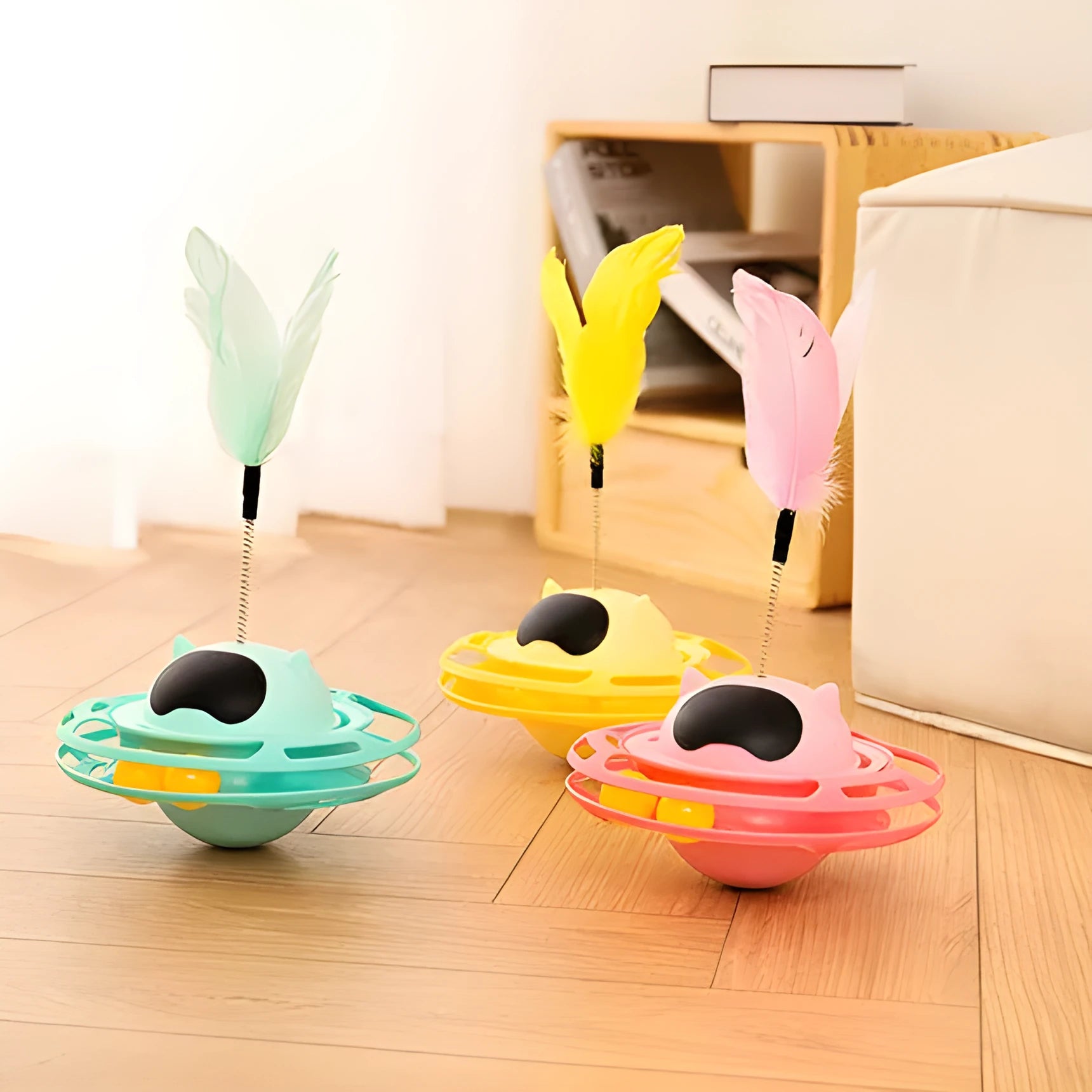 Pink cat toy tumbler turntable measuring 17cm by 10cm for self-play
