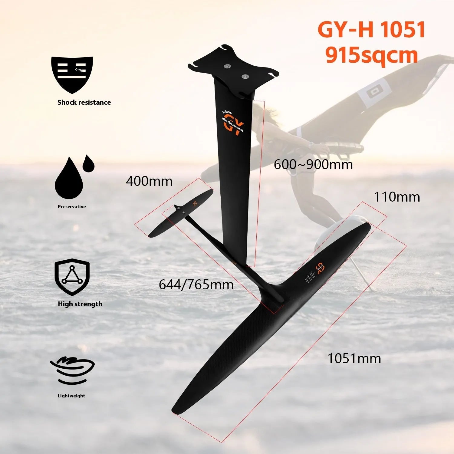 Black carbon fibre racing hydrofoil for surfboards with aluminium components