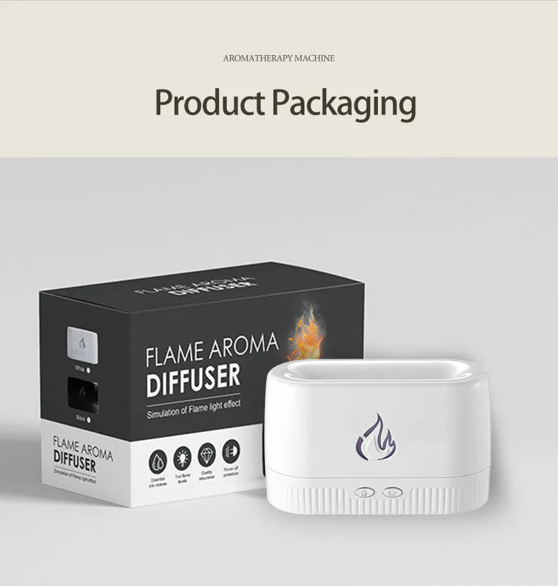 Flame humidifier aroma diffuser in white or black, 230ml tank, 171*76*102mm, USB powered with flame effect