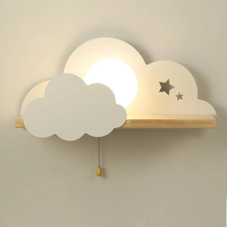 Cloud-shaped decorative glass wall lamp mounted on a wall, showing its silhouette and dimensions.