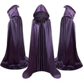A black satin hooded cloak costume for children, shown laid flat.