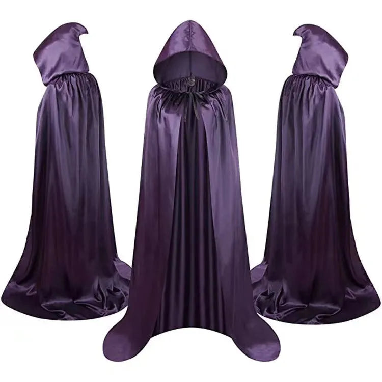A black satin hooded cloak costume for children, shown laid flat.