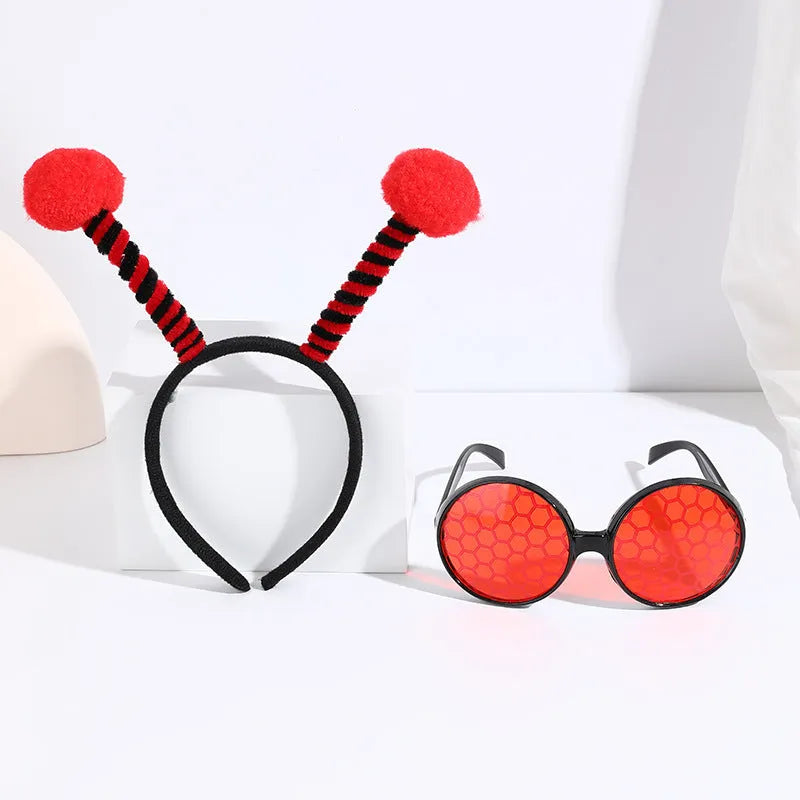 Child's insect costume headband and glasses set for dress-up, showing bee, butterfly, and ladybug themes.