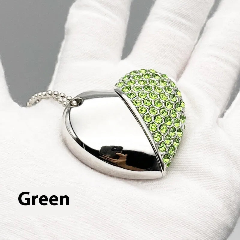 Creative heart-shaped USB flash drive with brick-inlaid pattern and metal shell in various colours.