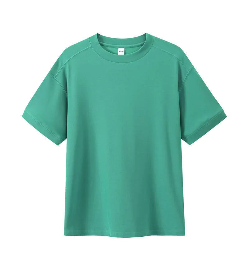 Breathable cotton pique short-sleeved T-shirt in a loose pullover style on a solid colour background.