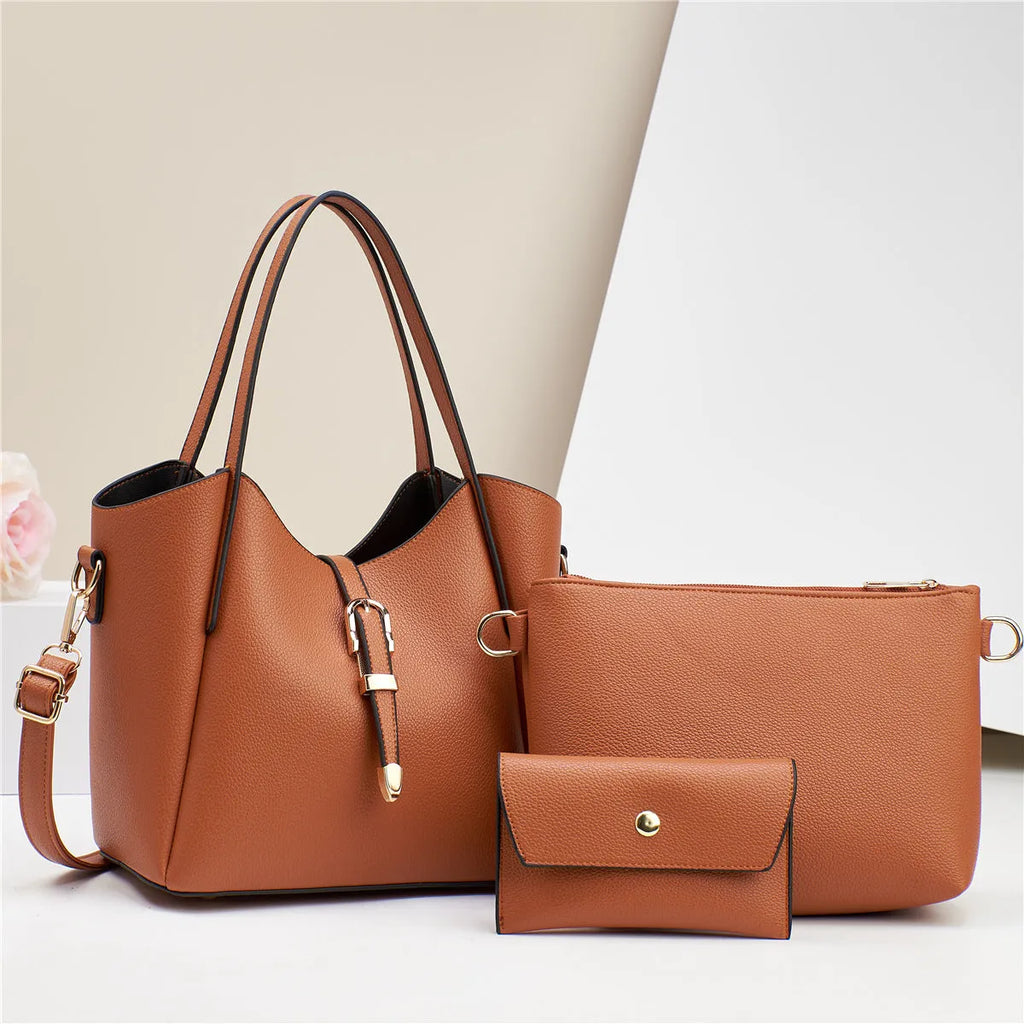 Three-piece PU tote bag set with large 30cm shoulder bag, medium inner bag, small pouch, and crocodile pattern finish