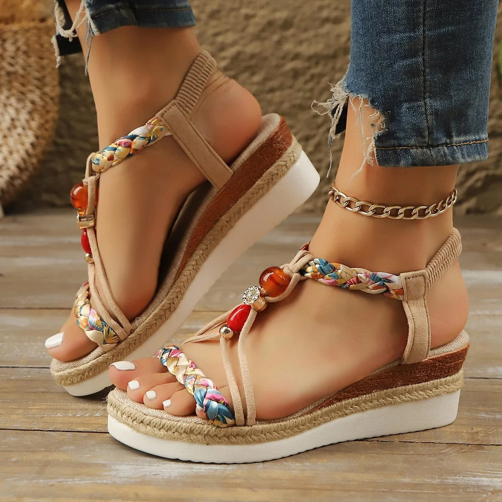 Women's rhinestone beaded wedge platform heels in apricot with fish mouth toe and elastic band