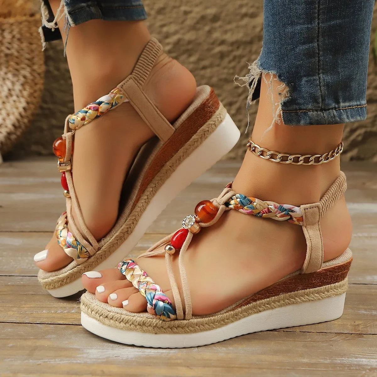 Women's rhinestone beaded wedge platform heels in apricot with fish mouth toe and elastic band