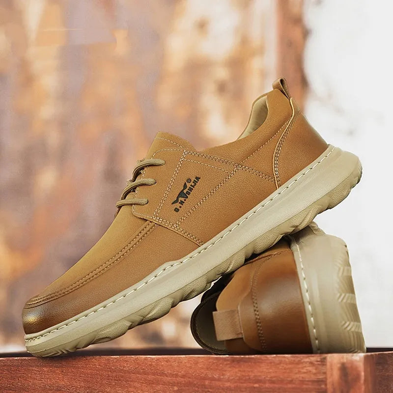 Men's casual leather shoes with plain surface and rubber foam sole in yellow or grey, sizes 38 to 44
