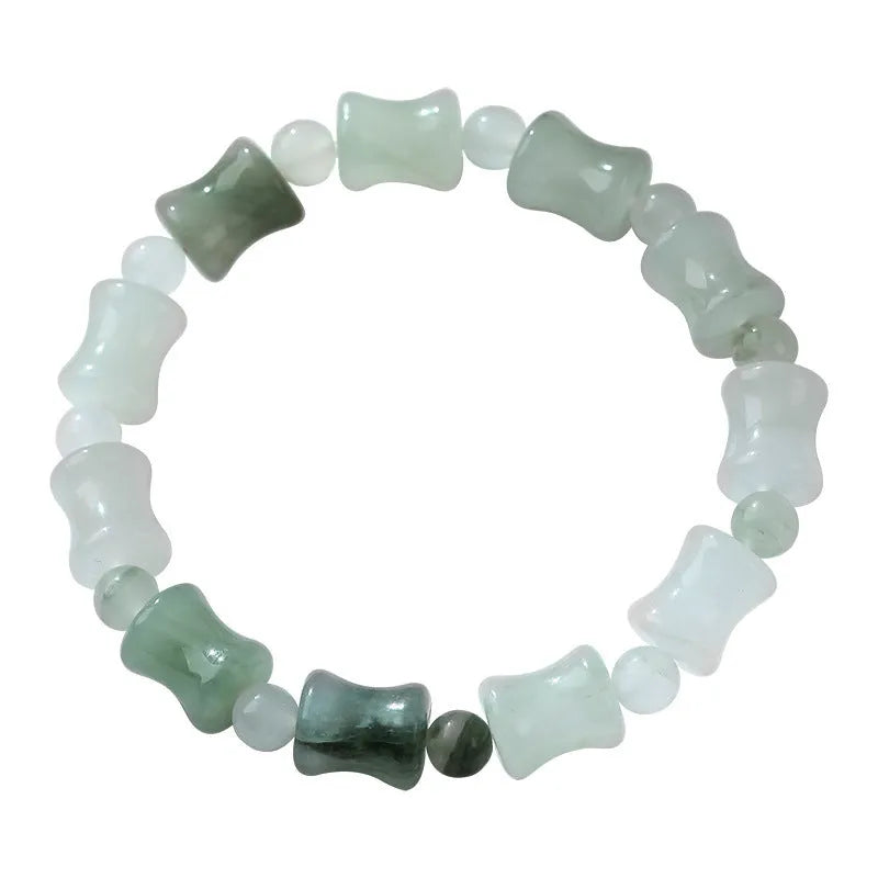 Natural chalcedony beaded bracelet with diamond-shaped jade stones and coconut shell beads on elastic string