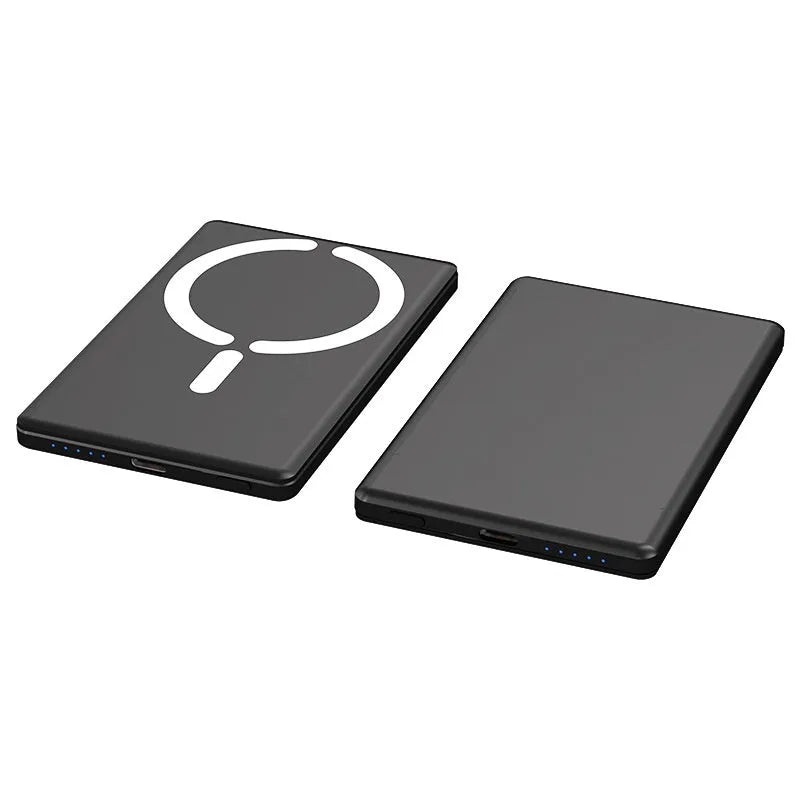 Ultra-thin dark gray magnetic power bank showing slim 9mm profile and compact size next to a smartphone.