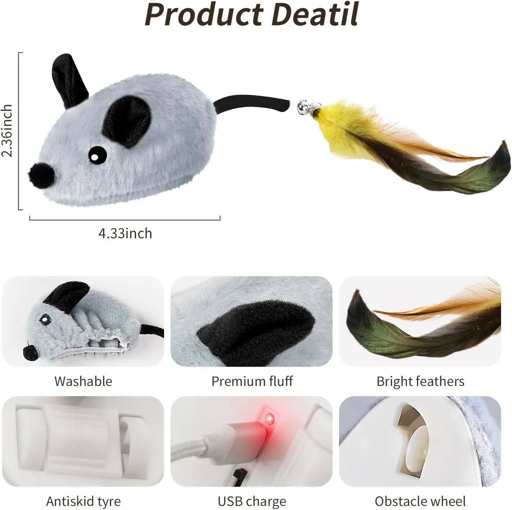 Grey and yellow interactive cat mouse toy with feather tail and LED lights for indoor feline exercise