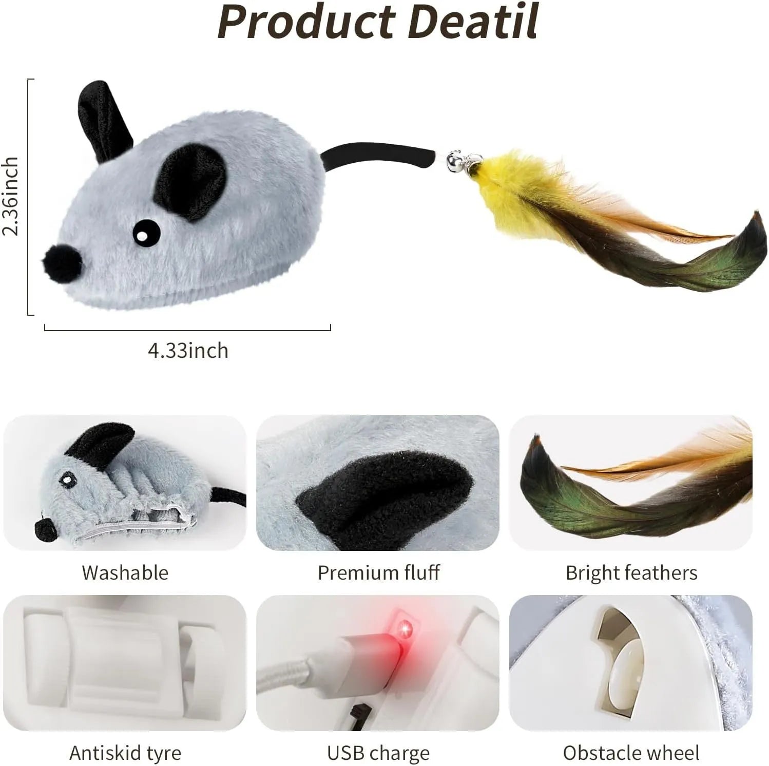 Grey and yellow interactive cat mouse toy with feather tail and LED lights for indoor feline exercise