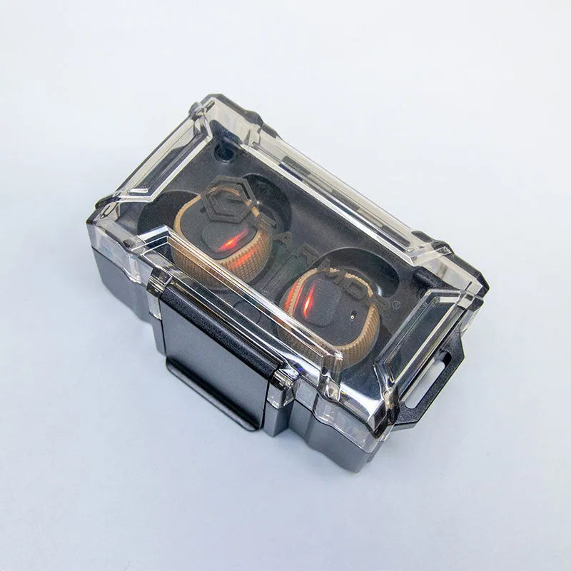 EARMOR M20 black electronic earplugs with charging case, silicone rope, and spare ear tips.