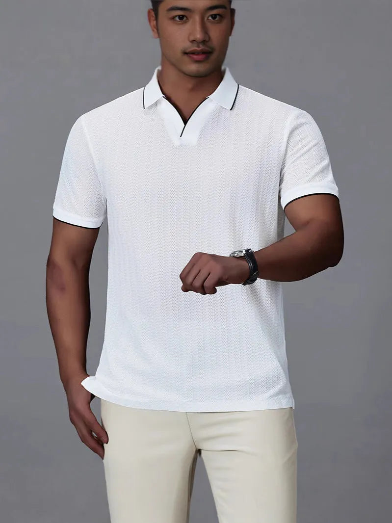 Men's loose fit polo shirt in black, white, or orange nylon ice silk fabric with short sleeves