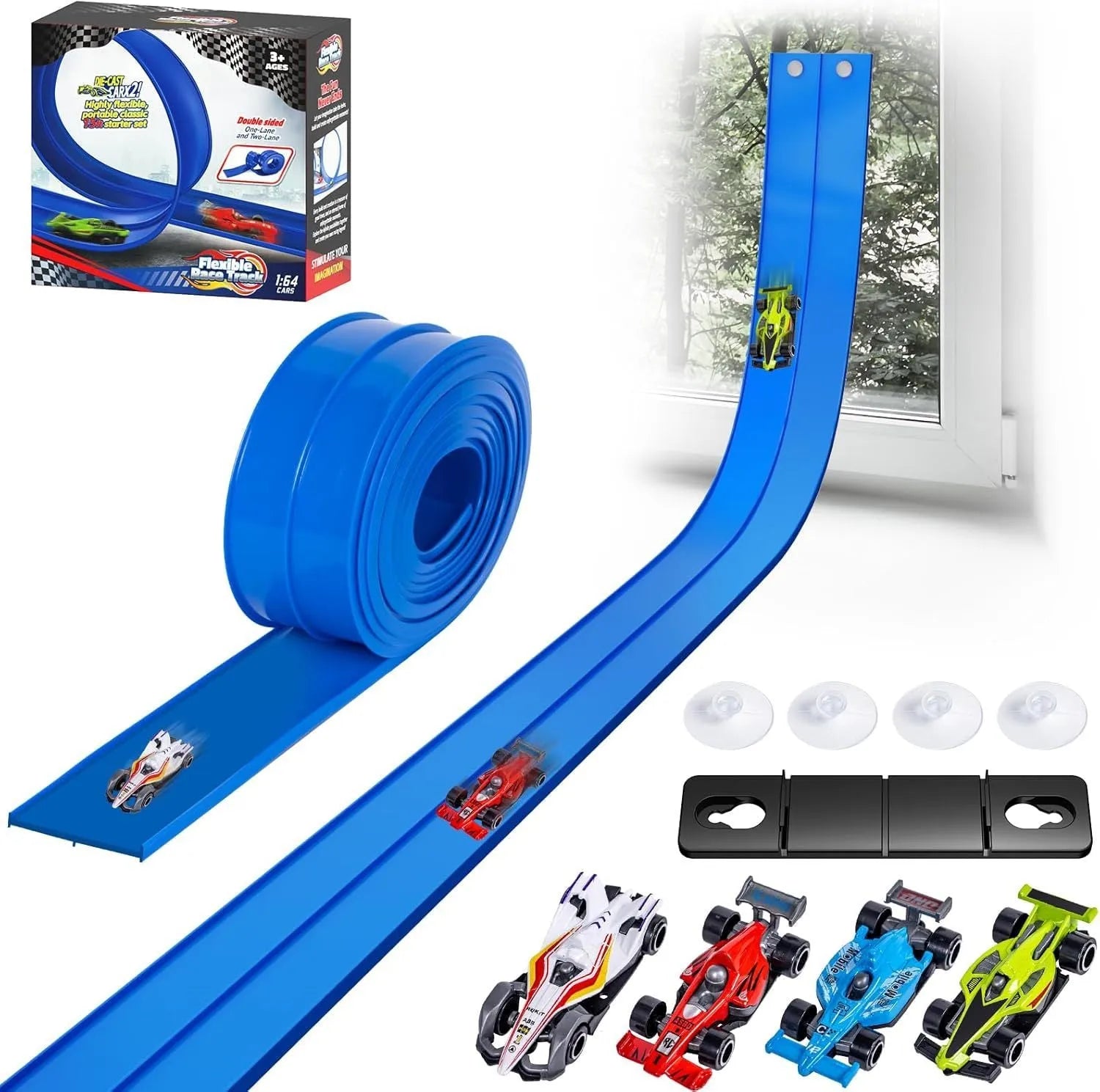 DIY double rail car PVC soft track set with anti-gravity magnetic rails in blue
