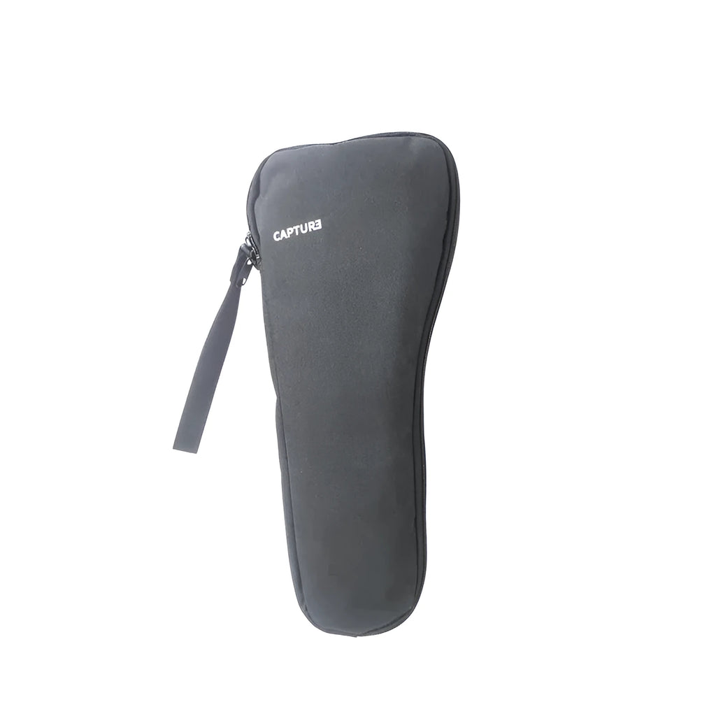 Black cloth zippered storage pouch for a mobile phone gimbal and its accessories on a table