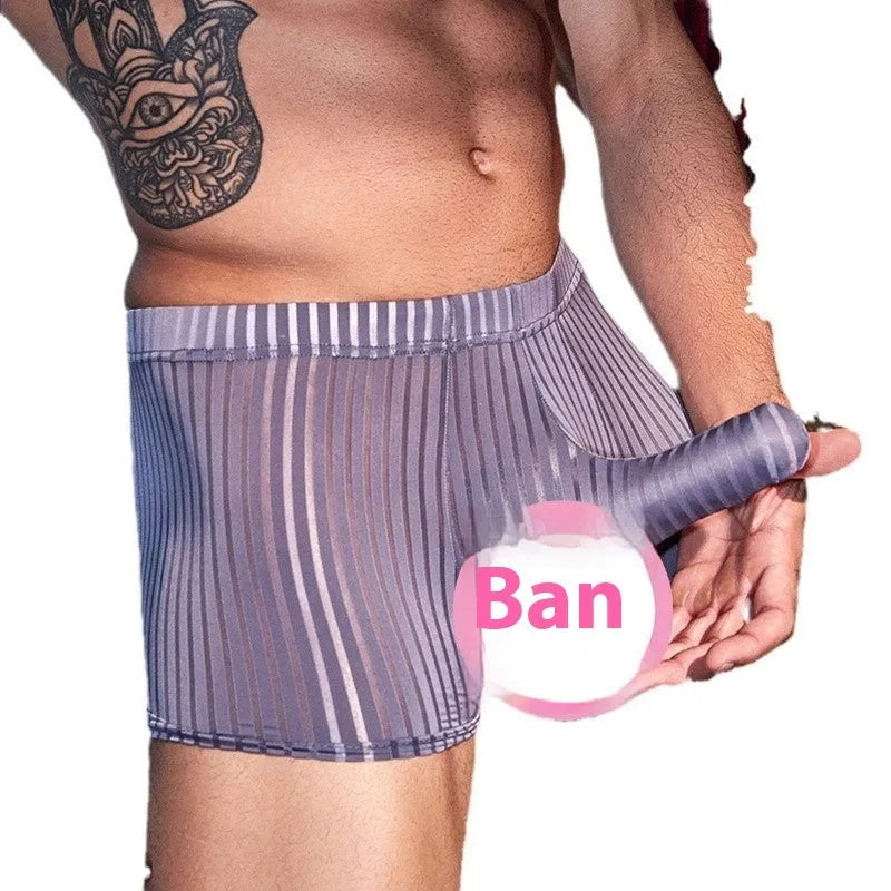 Men's black vertical stripe boxer briefs made from nylon fabric on a grey background