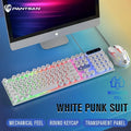 Desktop computer wired keyboard and mouse set, black, with USB cable on desk
