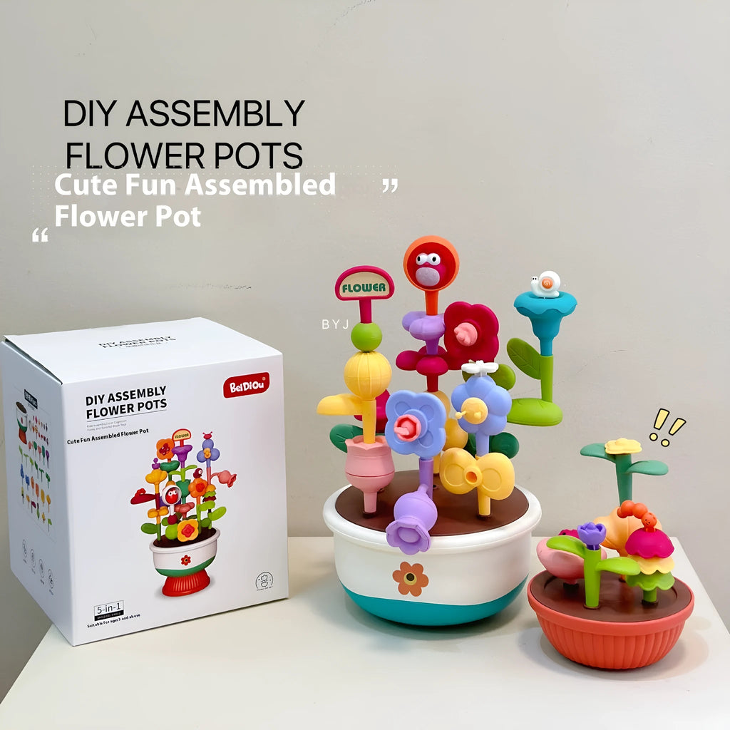 Children's plastic flowerpot building blocks set in colour box packaging for creative garden assembly toy
