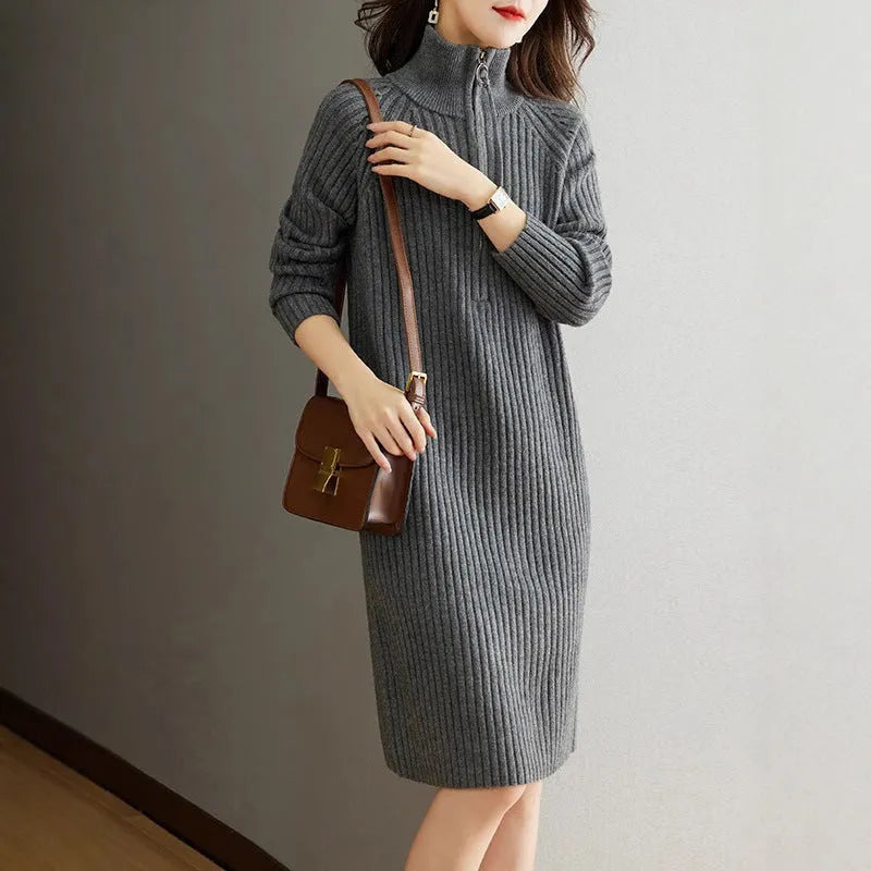 Beige woolen skirt with half zipper front and stand collar in loose casual straight dress style