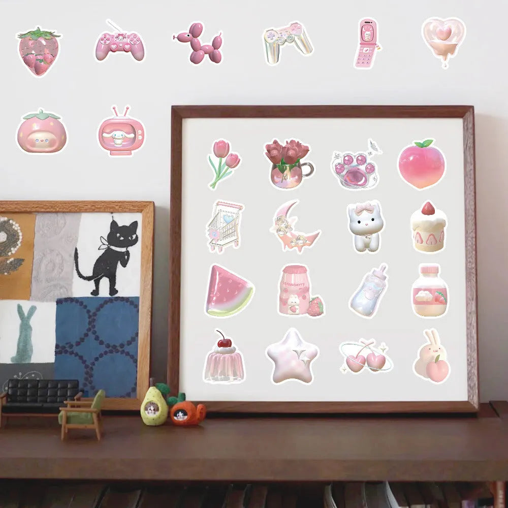 Pack of cute pink 3D girl heart decorative stickers shown in two colour variants.