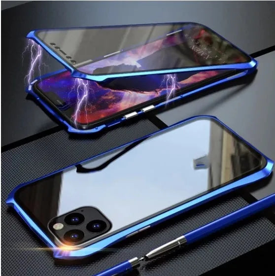 Metal magnetic protective cover for iPhone 11 series in black, blue, red, and silver colours