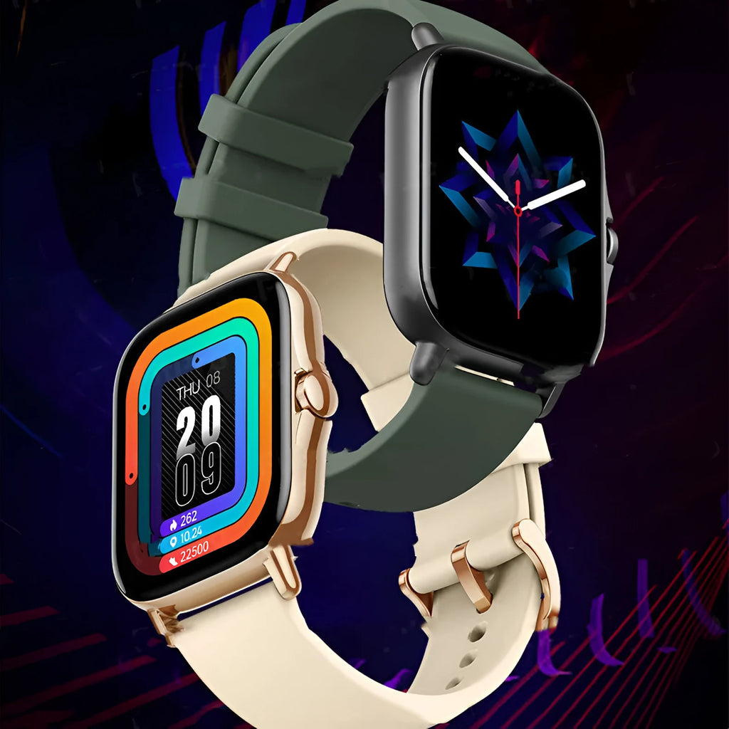 GT20 smart watch with black alloy case and silicone band showing heart rate monitoring display