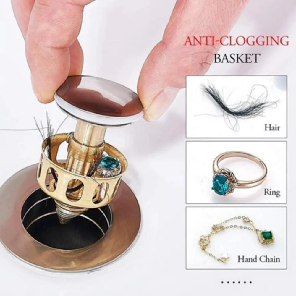 White copper sink filter with manual press mechanism for single-hole bathroom faucets.
