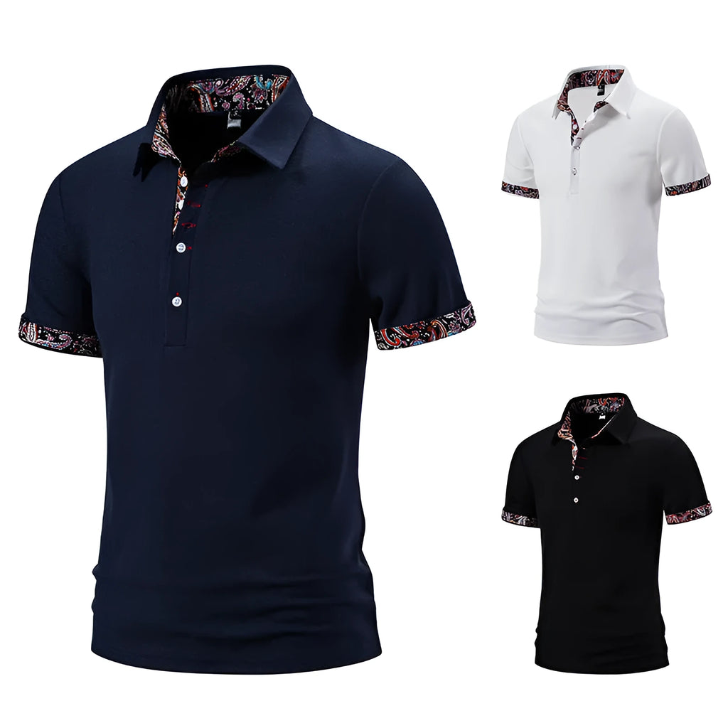 Men's short sleeve polo shirt with a turnover collar and colour stitching detail in a cotton blend fabric.