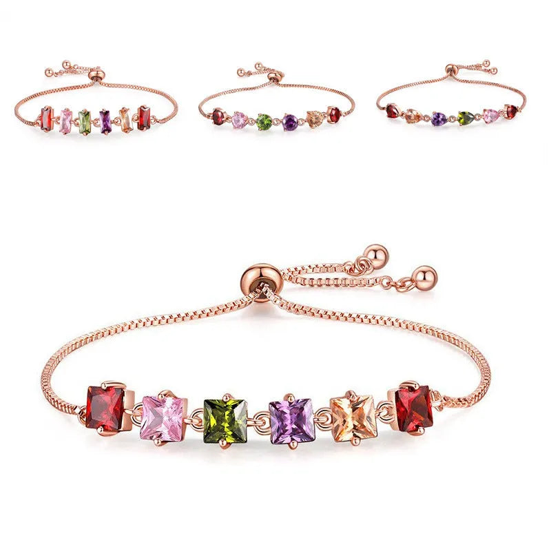 Fashion simple copper bracelet with zircon inlays in geometric shape on woman's wrist