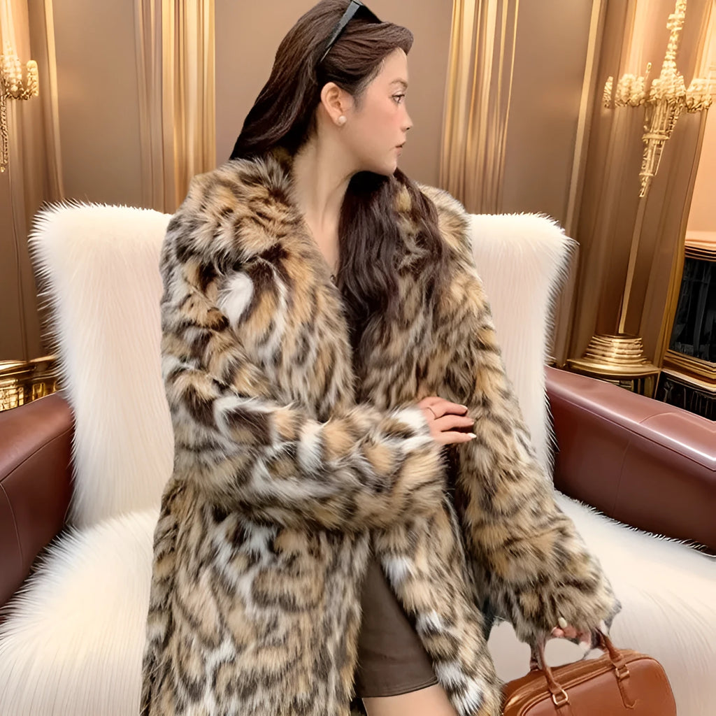 Long grey faux fur coat with a detachable fur collar and pockets on a model.