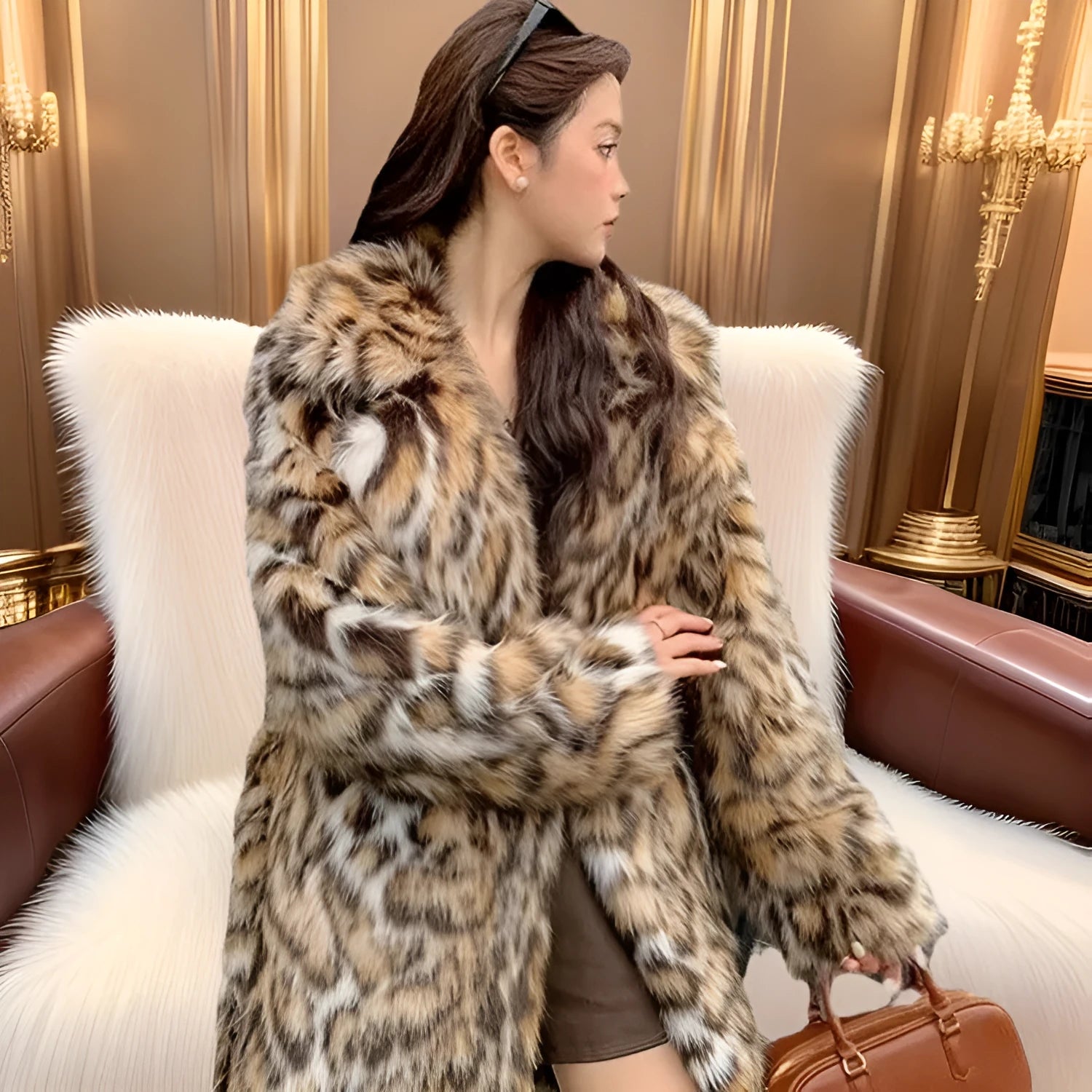Long grey faux fur coat with a detachable fur collar and pockets on a model.