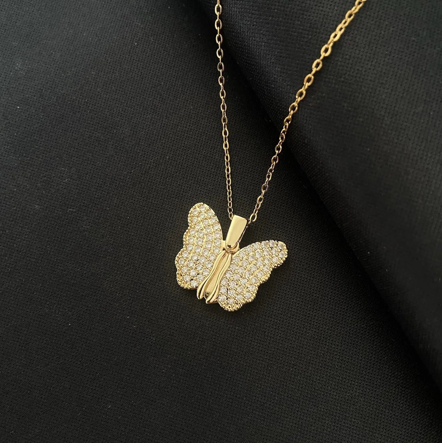 Gold titanium steel butterfly necklace with opening copper pendant on chain