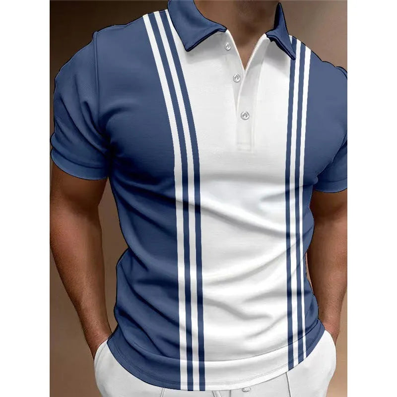 Men's loose fit t-shirt with printed lapel design in polyester fabric showing blue colour option