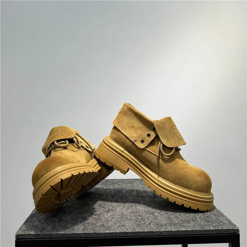 Men's retro distressed cow suede worker ankle boots with thick sole and two-way zip, shown in camel colour.