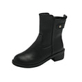 Black women's ankle boots with side zip and low round toe on rubber sole