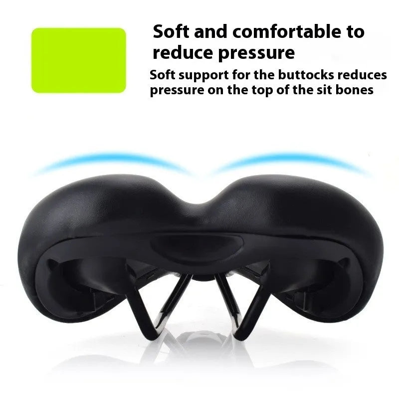 Bike saddle cushion with hollow pattern in PU leather, shown attached to a bicycle seat post.