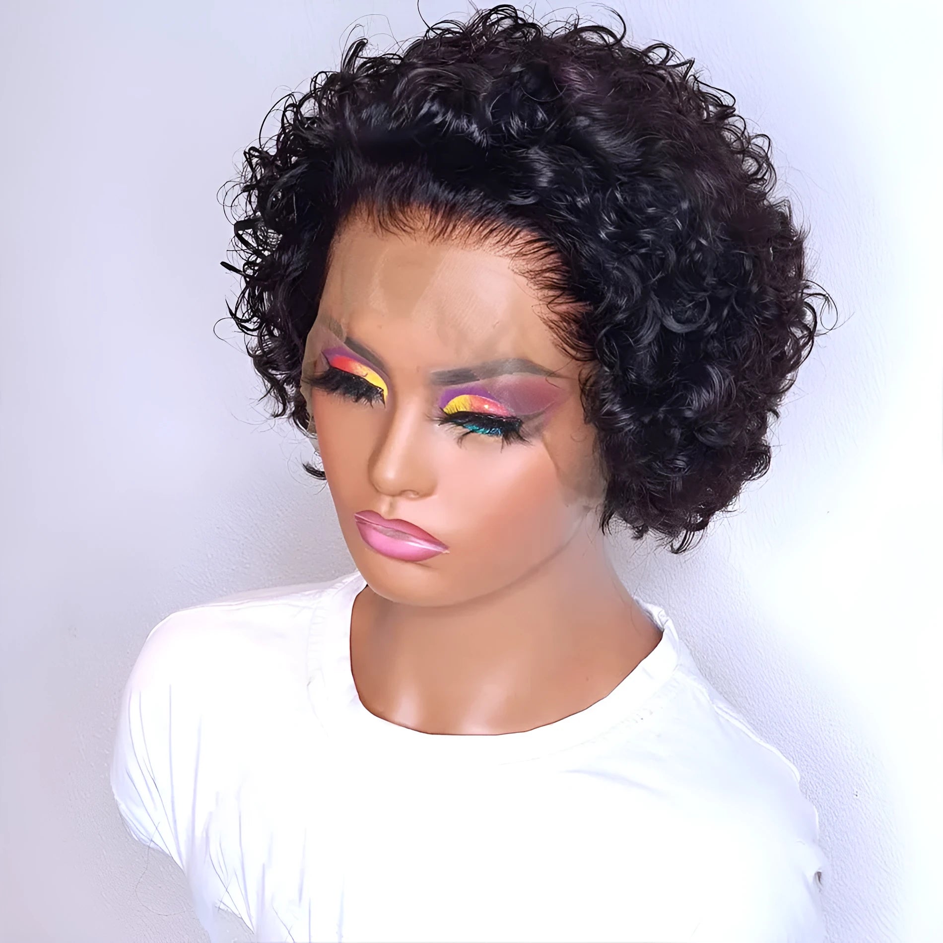 Black lace front wig cap with short, styled 13x1 colour human hair in a natural pixie cut.